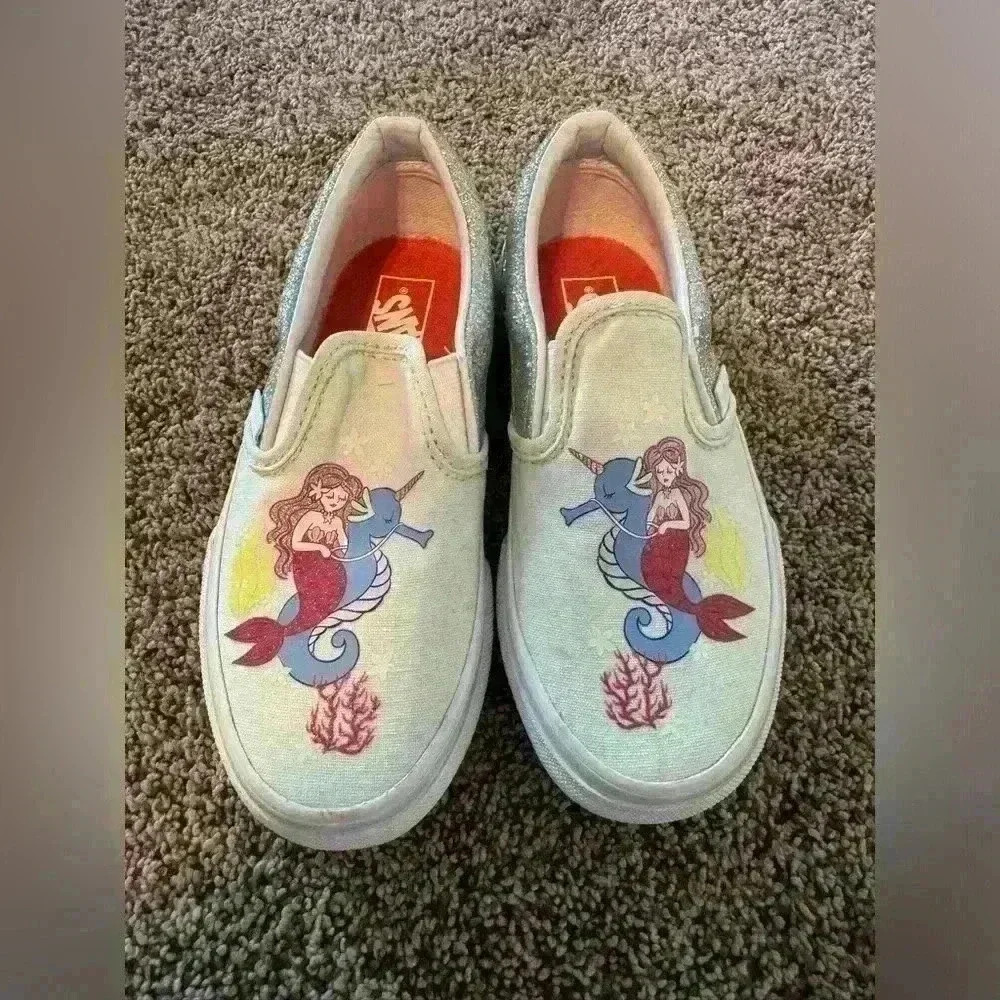 Vans sneakers size 13 mermaid sparkle slip ons blue pink